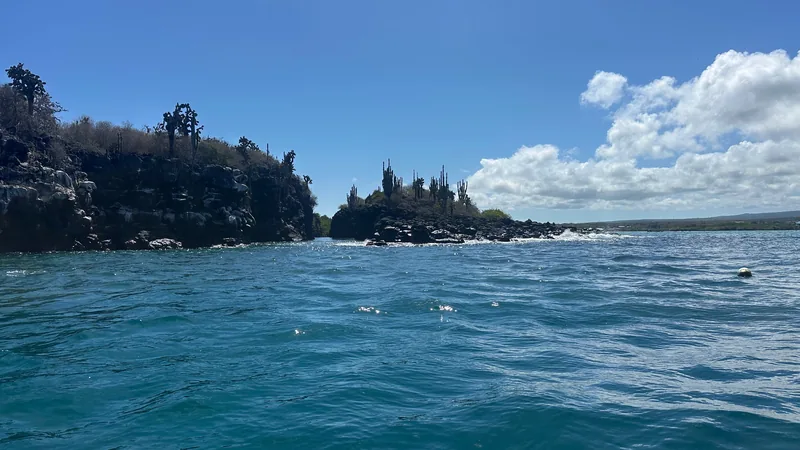 Costa volcánica de Santa Cruz con mar azul y nubes
